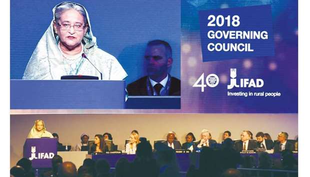 Prime Minister Sheikh Hasina presenting the keynote paper at the IFADu2019s Governing Council in Rome yesterday.