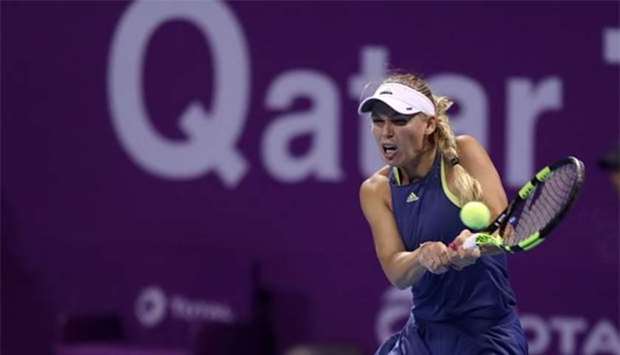 Caroline Wozniacki returns the ball to Carina Witthu0650ft at the 2018 WTA Qatar Open in Doha on Wednesday.