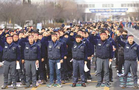 Members of the GM Korea union hold a meeting to demand the company to withdraw its plan to shut down Gunsan manufacturing plant in South Korea.