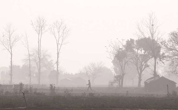A man walks through a field amidst smog in New Delhi. Crop stubble burning caused one-quarter of the air pollution that blanketed Delhi in November.