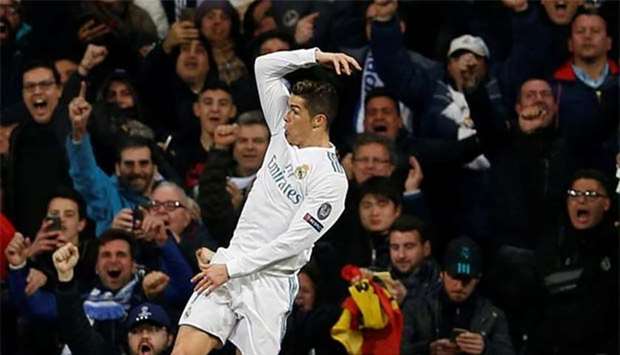Real Madridu2019s Cristiano Ronaldo celebrates scoring their second goal.