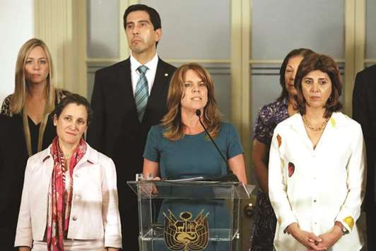 Peruu2019s Foreign Minister Cayetana Aljovin (centre) speaks next to Canadau2019s Foreign Minister Chrystia Freeland (left), and Colombiau2019s Foreign Minister Maria Angela Holguin (right) during a news conference after a meeting to discuss elections in Venezuela, in Lima, Peru.