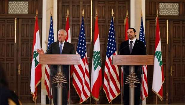 US Secretary of State Rex Tillerson gestures as he talks during a joint news conference with Lebanon's Prime Minister Saad al-Hariri at the governmental palace in Beirut on Thursday.