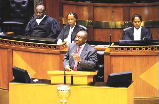 Cyril Ramaphosa addresses MPs after being elected president in parliament in Cape Town yesterday.