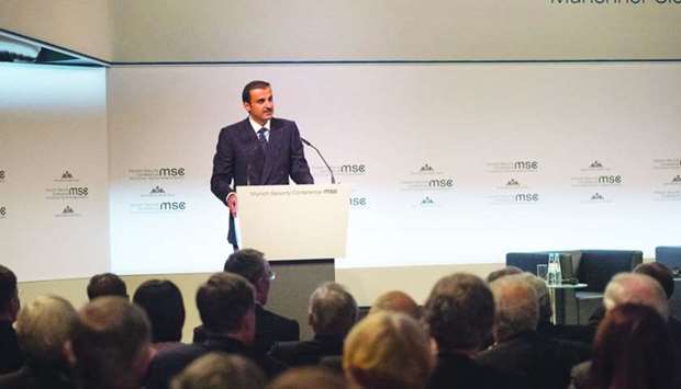 His Highness the Emir Sheikh Tamim bin Hamad al-Thani addresses the Munich Security Conference