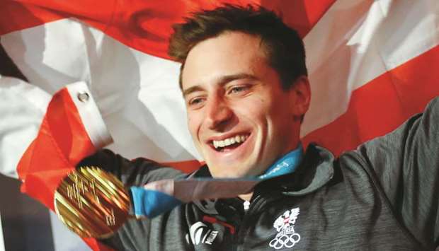 Austriau2019s Matthias Mayer celebrates after winning Super-G gold medal yesterday. (Reuters)