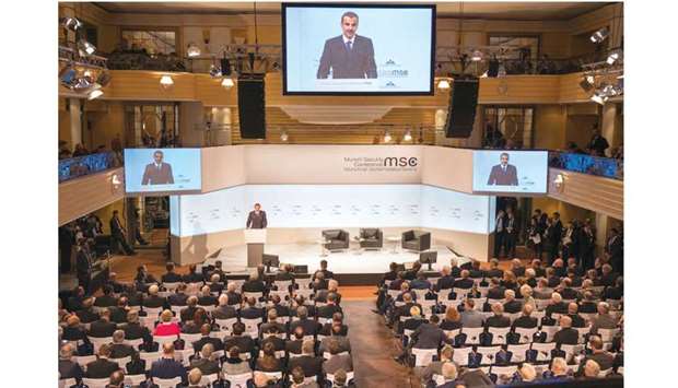 His Highness the Emir Sheikh Tamim bin Hamad al-Thani delivering a speech at the opening session of Munich Security Conference yesterday.