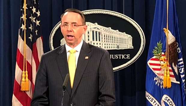Deputy US Attorney General Rosenstein announces indictments of Russians in 2016 US election meddling investigation at the Justice Department in Washington