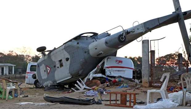View of the remains of the military helicopter that fell on a van in Santiago Jamiltepec, Oaxaca state, Mexico