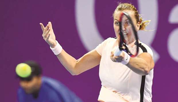 Petra Kvitova of Czech Republic plays a forehand shot during her Qatar Total Open semi-final match against Caroline Wozniacki of Denmark at Khalifa International Tennis and Squash Complex in Doha yesterday. PICTURES: Noushad Thekkayil