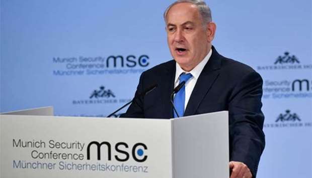 Israeli Prime Minister Benjamin Netanyahu delivers a speech on the third day of the 54th Munich Security Conference at the Bayerischer Hof hotel in Munich on Sunday.