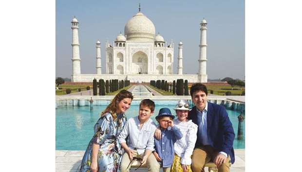 Canadian Prime Minister  Justin Trudeau, his wife Sophie Gregoire and his children pose for a photograph during their visit to Taj Mahal yesterday.