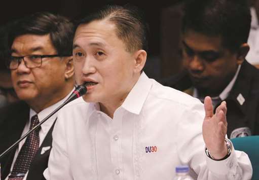 Special Assistant to the President Bong Go answers queries during the Senate proceedings on the frigate procurement controversy at the Senate in Pasay city, Metro Manila, yesterday.