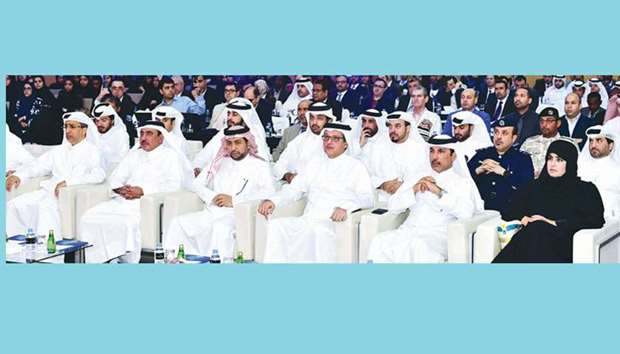 HE Jassim Seif Ahmed al-Sulaiti, HE Dr Hassan Lahdan Saqr al-Mohannadi, Dr Hassan al-Derham and other dignitaries at the opening session of the conference yesterday.
