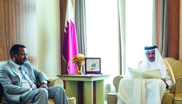 His Highness the Emir Sheikh Tamim bin Hamad al-Thani has received a written message from Sudanese President Omar Hassan al-Bashir, pertaining to the bilateral relations and ways to enhance them. The message was handed over by Dr Mustafa Othman Ismail, Sudan's Permanent Representative to the UN Office in Geneva and assistant to the president and presidential envoy, when the Emir met him at his office in Al Bahr Palace.