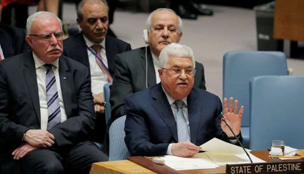 Palestinian President Mahmoud Abbas speaks during a meeting of the United Nations (UN) Security Council at UN headquarters in New York, US