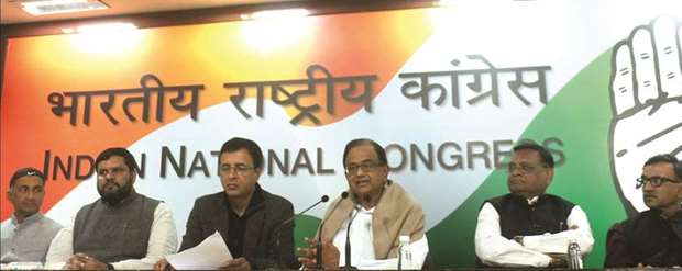 Congress leader P Chidambaram and other party leaders address a press conference in New Delhi yesterday.