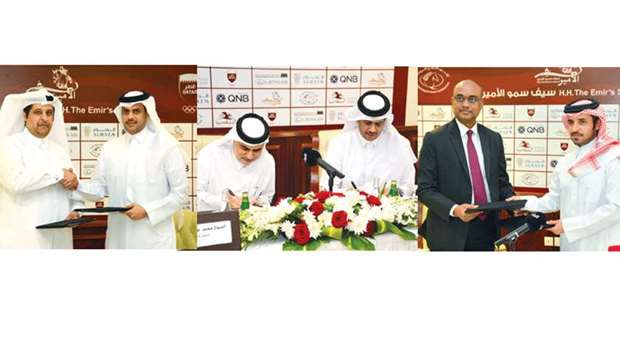From left, picture 1: QNBu2019s Group Communications Acting General Manager Salem al-Nuaimi at the sponsorship signing ceremony with Qatar Equestrian Federation (QEF) President Hamad bin Abdulrahman al-Attiyah (right). Picture 1: Al Hazm Mall Executive President Mohamed Abdulkarim al-Emadi with QEF President Hamad bin Abdulrahmanal-Attiyah (right) at HH Emiru2019s Sword Championshipu2019s silver sponsor signing ceremony. Picture 3: QEF Secretary-General Badr Mohamed al-Darwish (right) with Abdullah Abdulghani & Brothers Chief Operating Officer R K Murugan during the signing ceremony.