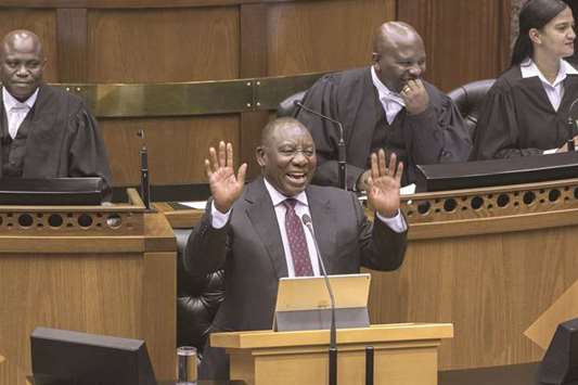 South African President Cyril Ramaphosa addresses the South African Parliament in Cape Town.