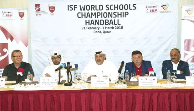 Qatar School Sports Association Secretary General Ali Ahmed al-Hitmi (C), International School Sports Federation (ISSF) Deputy President Stelios Daskalakis (second from right) and other officials address a press conference ahead of the 24th ISF World Schools Handball Championship.
