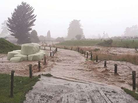 A flooded farm is seen in Bainham, New Zealand, in this picture obtained from social media.