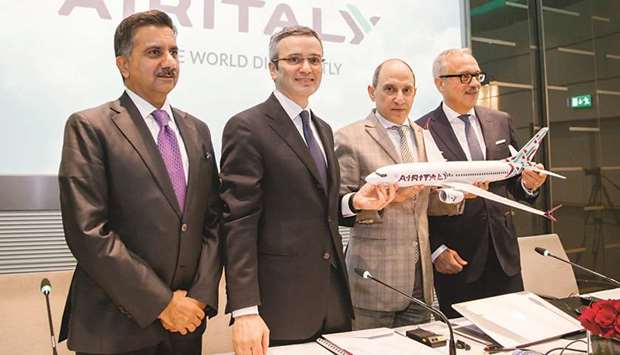 Al-Baker with other dignitaries during Meridianau2019s relaunch as Air Italy in Milan on Monday.