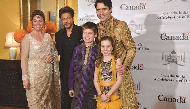 Canadian Prime Minister Justin Trudeau, his wife Sophie Gru00e9goire Trudeau, daughter Ella-Grace and son Xavier James pose for a photograph with Bollywood actor Shah Rukh Khan in Mumbai yesterday.