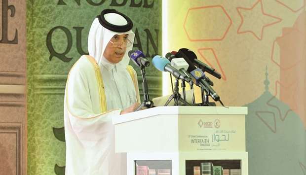 HE the Minister of State for Foreign Affairs Sultan bin Saad al-Muraikhi delivering a speech at the opening session of 13th Doha Interfaith Dialogue Conference.