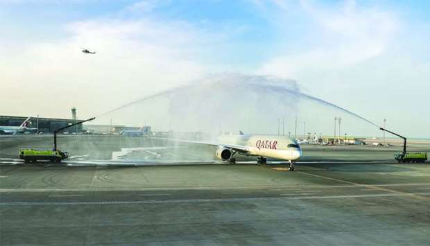 The worldu2019s first commercial passenger Airbus A350-1000 aircraft, owned by Qatar Airways touched down at the Hamad International Airport on Wednesday evening to a celebratory water cannon salute.
