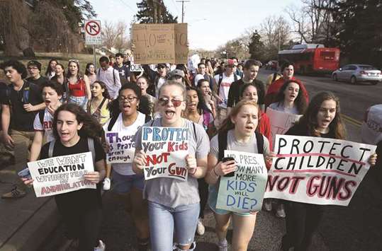 Students from Montgomery Blair High School march down Colesville Road in support of gun reform legislation in Silver Spring, Maryland.