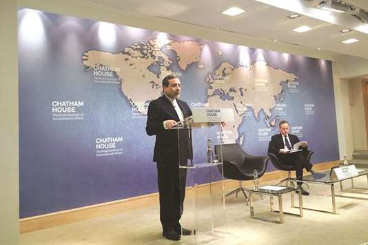 Iranu2019s Deputy Foreign Minister Abbas Araqchi speaking at the Chatham House think tank in London yesterday. Iran will withdraw from the 2015 nuclear deal if there is no economic benefit and major banks continue to shun the Islamic Republic, he said.