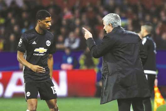 Manchester United manager Jose Mourinho gives instructions to Marcus Rashford on Wednesday.