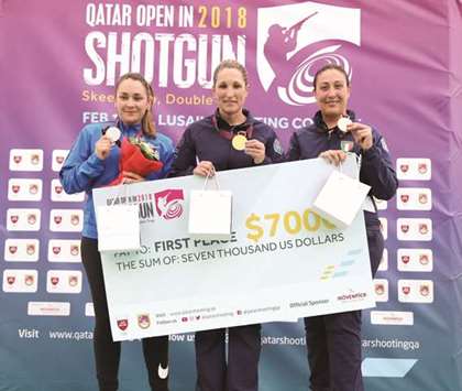 Italyu2019s Chiara Cainero (centre) won the womenu2019s skeet event ahead of Franceu2019s Lucie Anastassiou (left) and compatriot Diana Bacosi at Qatar Open Shotgun yesterday.
