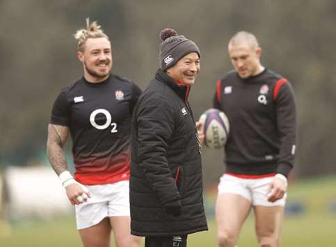 England head coach Eddie Jones (centre) during training yesterday. (Reuters)