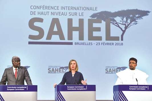 African Union Commission Chairperson Moussa Faki Mahamat, EU foreign policy chief Federica Mogherini and Nigeru2019s President Mahamadou Issoufou hold a joint news conference after an international High-Level Conference on Sahel in Brussels, yesterday.