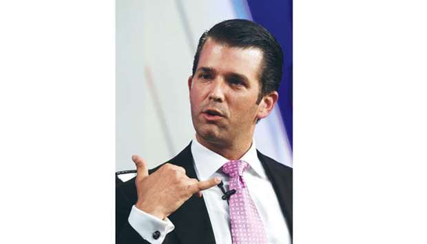 Donald Trump Jr gestures as he speaks during the Global Business Summit in New Delhi  yesterday.