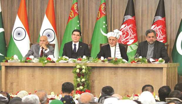 Afghanistan President Ashraf Ghani (2nd from right), Pakistan Prime Minister Shahid Khaqan Abbasi (right), Turkmenistan President Kurbanguly Berdymukhamedov (2nd from left) and Indiau2019s Minister of State for External Affairs MJ Akbar attend the inauguration ceremony of TAPI pipeline construction work in Herat, Afghanistan.