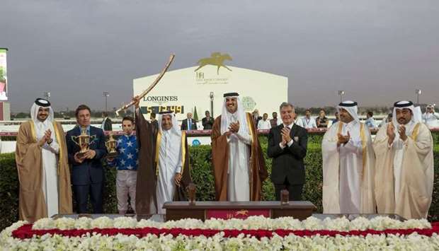 His Highness the Emir Sheikh Tamim bin Hamad al-Thani with the winners of the Emir's Sword Festival