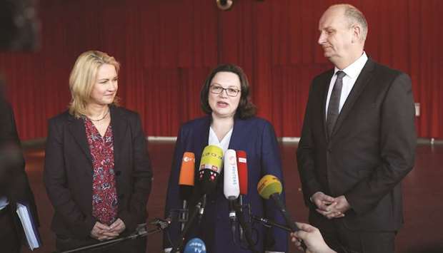 (From left) Mecklenburg Western-Pomeraniau2019s State Premier and politician of the Social Democratic Party (SPD), Manuela Schwesig, designated next leader of the Social Democratic Party, Andrea Nahles and Brandenburgu2019s State Premier and politician of the Social Democratic Party, Dietmar Woidke talk to the media prior in Potsdam yesterday.