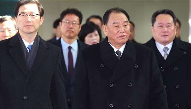 Kim Yong Chol (C), who leads a North Korean high-level delegation to attend the Pyeongchang 2018 Winter Olympic Games closing ceremony