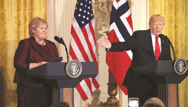 Norwegian Prime Minister Erna Solberg with US President Donald Trump at the White House on January 11 this year.