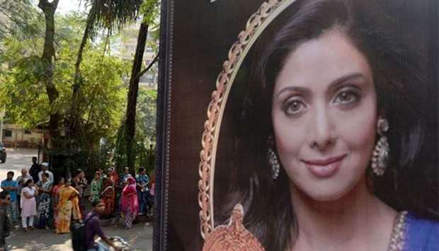 A picture of Bollywood actress Sridevi Kapoor is seen outside her residence in Mumbai on Monday.