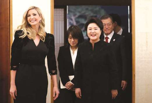 South Korean President Moon Jae-in, his wife Kim Jung-sook and Ivanka Trump arrive for their dinner at the Presidential Blue House in Seoul, South Korea, earlier this week.