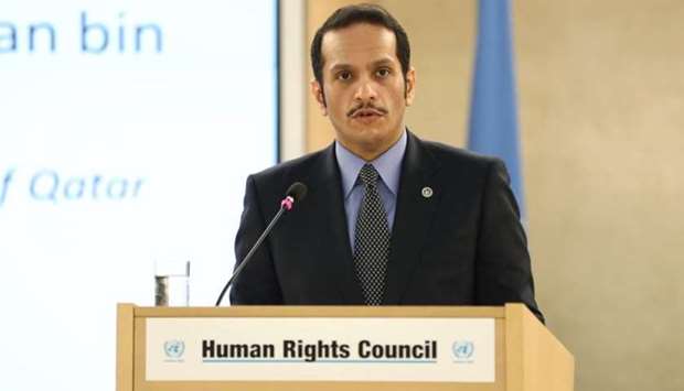 HE the Deputy Prime Minister and Foreign Minister Sheikh Mohamed bin Abdulrahman al-Thani addressing the United Nations Human Rights Council.