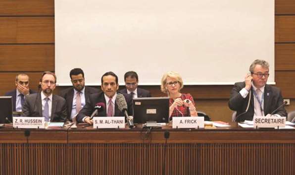 HE the Deputy Prime Minister and Foreign Minister Sheikh Mohamed bin Abdulrahman al-Thani speaks before the ministerial meeting on crimes committed in Syria and the International, Impartial and Independent Mechanism (IIIM) in Geneva, on Monday.