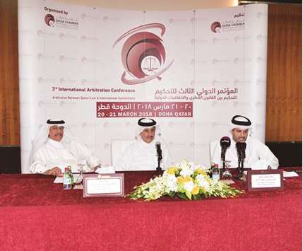Qatar Chamber and Qicca chairman Sheikh Khalifa bin Jassim al-Thani and Qicca board member for International Relations Dr Sheikh Thani bin Ali bin Saud al-Thani, along with another official, address the media during a press conference yesterday.