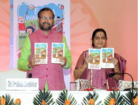 External Affairs Minister Sushma Swaraj and Human Resource Development Minister Prakash Javadekar launch Prime Minister Narendra Modiu2019s book Exam Warriors in New Delhi yesterday.