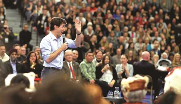 Canadau2019s Prime Minister Justin Trudeau addresses the crowd during a town hall meeting at Vancouver Island University in Nanaimo, British Columbia, on Friday night.