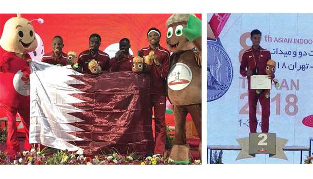 The Qatar 4x400m relay team pose with their gold medals in Tehran yesterday. At right is Yasser Salem who won a silver in the 1500m.