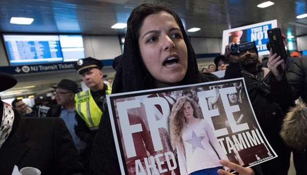 Protesters rally to demand the release of Ahed Tamimi, a 16-year-old Palestinian girl held in Israeli military detention, at Penn Station January 30, 2018 in New York.
